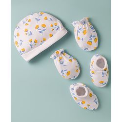Babyhug 100% Cotton Knit Floral Printed Cap Mittens & Booties Set White - Diameter 16 cm