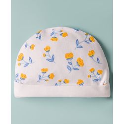 Babyhug 100% Cotton Knit Floral Printed Cap Mittens & Booties Set White - Diameter 16 cm