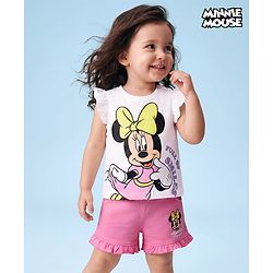 Babyhug Disney Single Jersey Knit Half Sleeves T-Shirt & Shorts Night Suit with Minnie Mouse Graphics - White