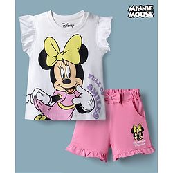 Babyhug Disney Single Jersey Knit Half Sleeves T-Shirt & Shorts Night Suit with Minnie Mouse Graphics - White