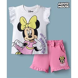 Babyhug Disney Single Jersey Knit Half Sleeves T-Shirt & Shorts Night Suit with Minnie Mouse Graphics - White