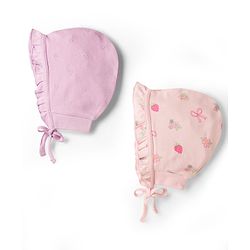 Babyhug 100% Cotton Knit Strawberry & Floral Printed Caps With Knot Pack Of 2 Multi Color - Diameter 16 cm