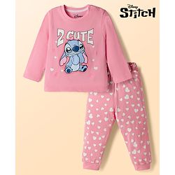 Babyhug Disney Single Jersey Knit Full Sleeves T-Shirt & Pyjama night Suit with Stitch Print - Pink