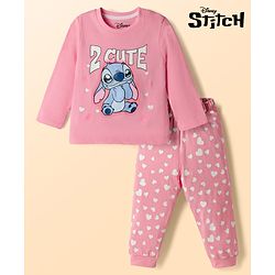 Babyhug Disney Single Jersey Knit Full Sleeves T-Shirt & Pyjama night Suit with Stitch Print - Pink