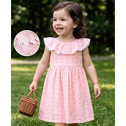Babyhug Schiffili 100% Cotton Woven Sleeveless Flared One Peice Frock With Floral Detailing & Embroidery - Pink