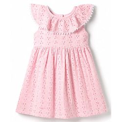 Babyhug Schiffili 100% Cotton Woven Sleeveless Flared One Peice Frock With Floral Detailing & Embroidery - Pink