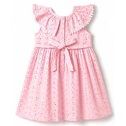Babyhug Schiffili 100% Cotton Woven Sleeveless Flared One Peice Frock With Floral Detailing & Embroidery - Pink