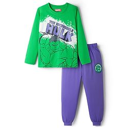 Babyhug Disney 100% Cotton Knit Full Sleeves T-Shirt & Pyjama Night Suit With Hulk Graphic - Green & Purple