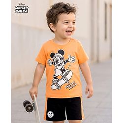 Babyhug Disney Single Jersey Knit Half Sleeves T-Shirt & Shorts Set With Mickey Mouse Graphics - Multicolor
