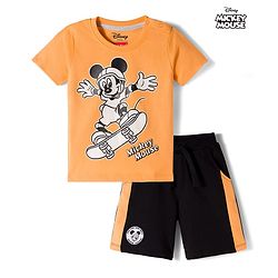 Babyhug Disney Single Jersey Knit Half Sleeves T-Shirt & Shorts Set With Mickey Mouse Graphics - Multicolor