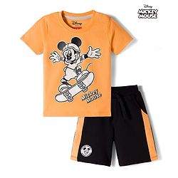 Babyhug Disney Single Jersey Knit Half Sleeves T-Shirt & Shorts Set With Mickey Mouse Graphics - Multicolor