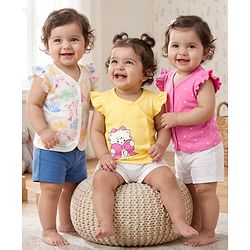 Babyhug 100% Cotton Knit Antibacterial Sleeveless Jhablas With Cat Bow & Polka Dot Print Pack of 3 - Multicolor