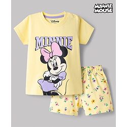 Babyhug Disney Single Jersey Knit Half Sleeves T-Shirt & Shorts Set with Minnie Mouse Graphics - Yellow