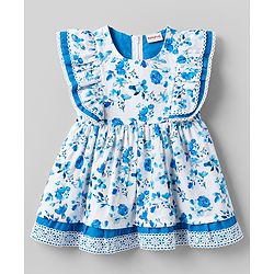 Babyhug Cotton Woven One Piece Dresses Frill Sleeves Floral Print White 6-9 Months