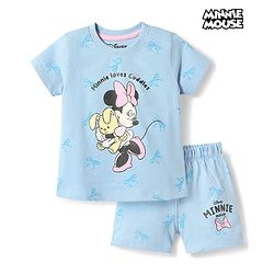 Babyhug Disney 100% Cotton Knit Half Sleeves T-Shirt & Shorts Night Suit With Minnie Mouse Graphic - Light Blue