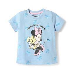Babyhug Disney 100% Cotton Knit Half Sleeves T-Shirt & Shorts Night Suit With Minnie Mouse Graphic - Light Blue