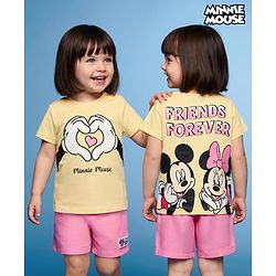 Babyhug Disney Single Jersey Knit Half Sleeves T-shirt & Denim Shorts With Minnie Mouse Graphic - Yellow