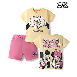 Babyhug Disney Single Jersey Knit Half Sleeves T-shirt & Denim Shorts With Minnie Mouse Graphic - Yellow