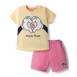 Babyhug Disney Single Jersey Knit Half Sleeves T-shirt & Denim Shorts With Minnie Mouse Graphic - Yellow