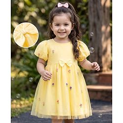 Babyhug Mesh Woven Half Sleeves Floral Embroidered Frock With Bow Applique - Yellow