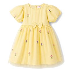 Babyhug Mesh Woven Half Sleeves Floral Embroidered Frock With Bow Applique - Yellow