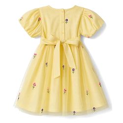 Babyhug Mesh Woven Half Sleeves Floral Embroidered Frock With Bow Applique - Yellow