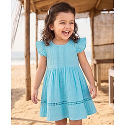 Babyhug Cotton Woven Frill Sleeves Solid Textured Frock With Lace Detailing - Light Blue