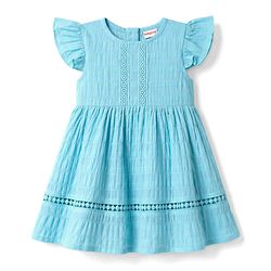 Babyhug Cotton Woven Frill Sleeves Solid Textured Frock With Lace Detailing - Light Blue