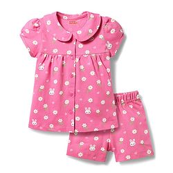 Babyhug Cotton Knit Half Sleeves Shirt & Shorts Co-ord Night Suit with Floral Print - Pink
