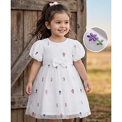 Babyhug Mesh Knit half Sleeves Floral Embroidered Frock With Bow Applique - White