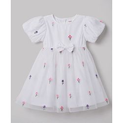 Babyhug Mesh Knit half Sleeves Floral Embroidered Frock With Bow Applique - White