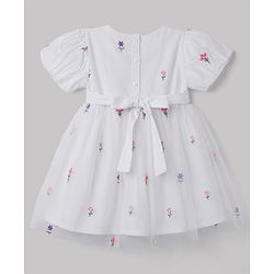 Babyhug Mesh Knit half Sleeves Floral Embroidered Frock With Bow Applique - White