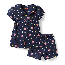Babyhug Cotton Knit Half Sleeves Strawberry & Hearts Printed Co-Ords Top & Shorts Night Suit - Navy Blue