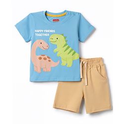 Babyhug 100% Cotton Knit Half Sleeves Dino Printed T-Shirt & Shorts Set - Light Blue & Beige