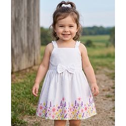 Babyhug Satin Woven Sleeveless Frock With Floral Print & Bow Applique - White