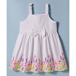 Babyhug Satin Woven Sleeveless Frock With Floral Print & Bow Applique - White