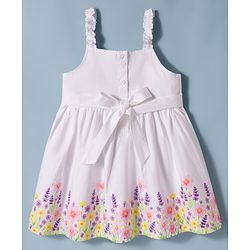 Babyhug Satin Woven Sleeveless Frock With Floral Print & Bow Applique - White