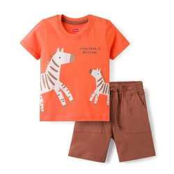 Babyhug Single Jersey Knit Half Sleeves T-Shirt & Shorts Set with Zebra Print - Red & Brown