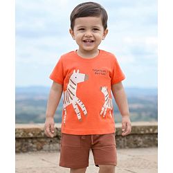 Babyhug Single Jersey Knit Half Sleeves T-Shirt & Shorts Set with Zebra Print - Red & Brown
