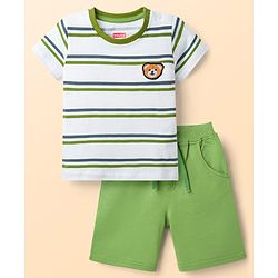 Babyhug Single Jersey Knit Half Sleeves Striped T-Shirt & Shorts Set with Bear Embroidery - Green