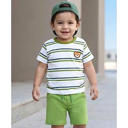 Babyhug Single Jersey Knit Half Sleeves Striped T-Shirt & Shorts Set with Bear Embroidery - Green