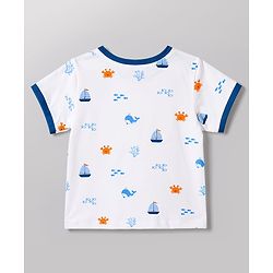Babyhug Single Jersey Knit Half Sleeves T-Shirt & Shorts With Sea Life Print - White & Navy Blue