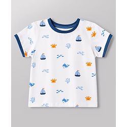Babyhug Single Jersey Knit Half Sleeves T-Shirt & Shorts With Sea Life Print - White & Navy Blue