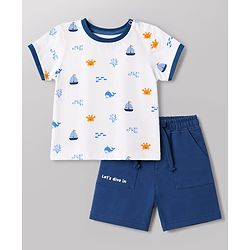 Babyhug Single Jersey Knit Half Sleeves T-Shirt & Shorts With Sea Life Print - White & Navy Blue