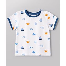 Babyhug Single Jersey Knit Half Sleeves T-Shirt & Shorts With Sea Life Print - White & Navy Blue