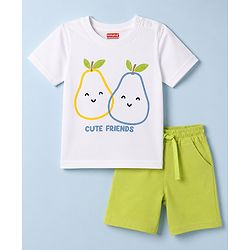 Babyhug 100% Cotton Knit Half Sleeves Pear & Text Printed T-Shirt & Shorts Set - White & Lime Green