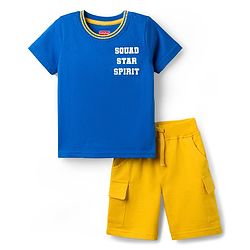 Babyhug Single Jersey Knit Half Sleeves T-Shirt & Shorts Set with Text Print - Yellow & Blue