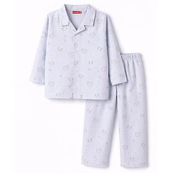 Babyhug Cotton Knit Full Sleeves Co-Ord Shirt & Pyjama Printed Night-Suit - Light Blue