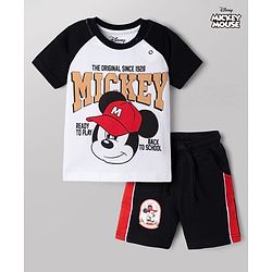 Babyhug Disney Single Jersey Knit Half Sleeves Raglan T-shirt & Shorts With Mickey Mouse Graphic - Black & White