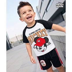 Babyhug Disney Single Jersey Knit Half Sleeves Raglan T-shirt & Shorts With Mickey Mouse Graphic - Black & White
